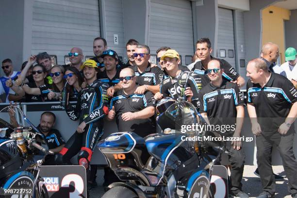 Francesco Bagnaia of Italy and Sky Racing Team VR46 and Luca Marini of Italy and Sky Racing Team VR46 celebrate with team at the end of the...