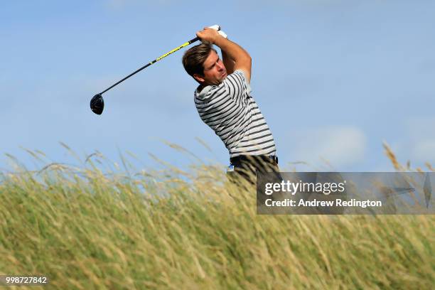 Robert Rock of England takes his tee shot on hole eleven during day three of the Aberdeen Standard Investments Scottish Open at Gullane Golf Course...