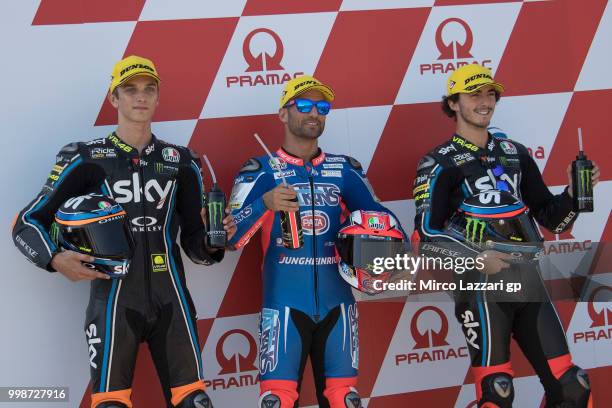 Mattia Pasini of Italy and Italtrans Racing, Francesco Bagnaia of Italy and Sky Racing Team VR46 and Luca Marini of Italy and Sky Racing Team VR46...