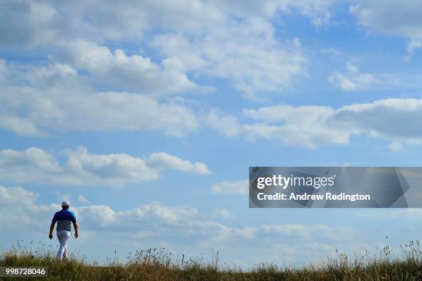 Tyrrell Hatton of England walks on hole eleven during day three of the Aberdeen Standard Investments Scottish Open at Gullane Golf Course on July 14,...