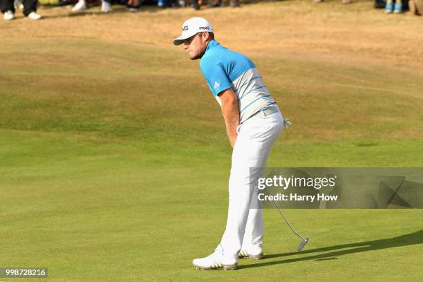 Tyrrell Hatton of England reacts to a missed birdie putt on hole twelve during day three of the Aberdeen Standard Investments Scottish Open at...