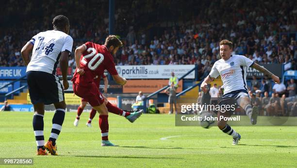 Adam Lallana of Liverpool comes close during the Pre-Season friendly match between Bury and Liverpool at Gigg Lane on July 14, 2018 in Bury, England.