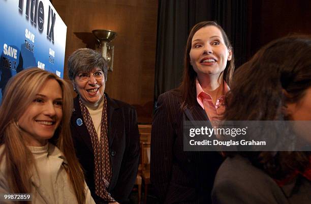 Actresses Holly Hunter and Geena Davis during the news conference to urge protection of athletic opportunities for females and to issue a minority...