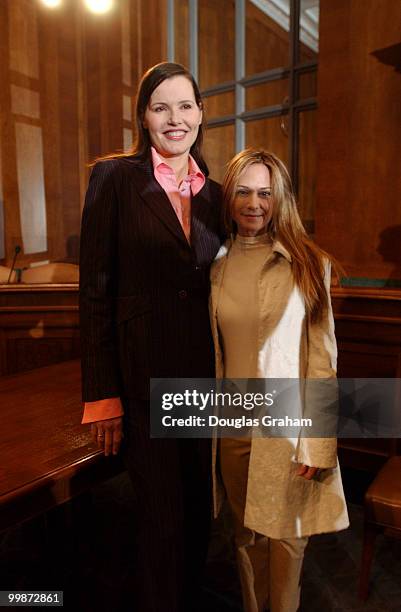 Actresses Holly Hunter and Geena Davis during the news conference to urge protection of athletic opportunities for females and to issue a minority...