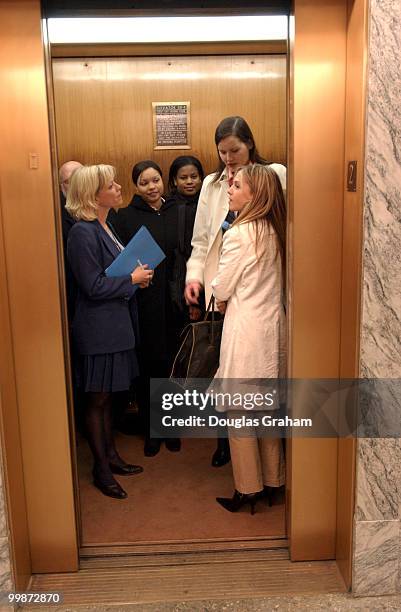 Actresses Geena Davis and Holly Hunter on the elevator after the news conference to urge protection of athletic opportunities for females and to...