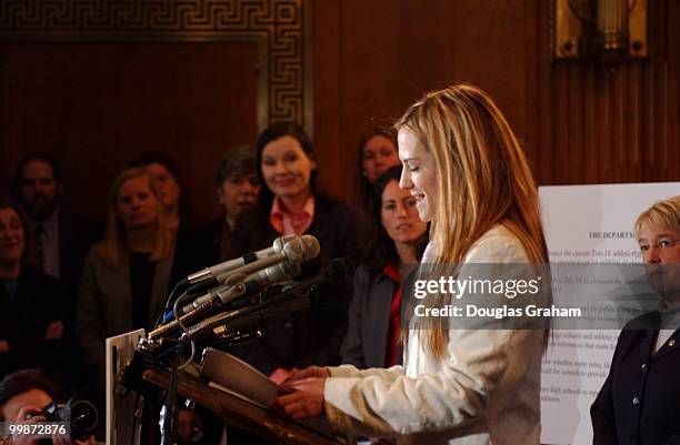Actress Holly Hunter during the news conference to urge protection of athletic opportunities for females and to issue a minority report from the...