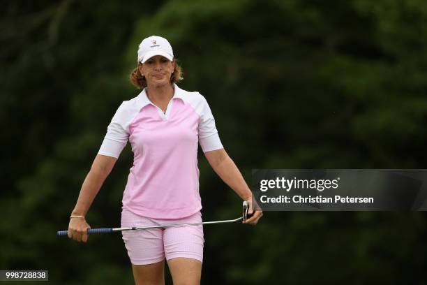 Juli Inkster putts on the first green during the third round of the U.S. Senior Women's Open at Chicago Golf Club on July 14, 2018 in Wheaton,...