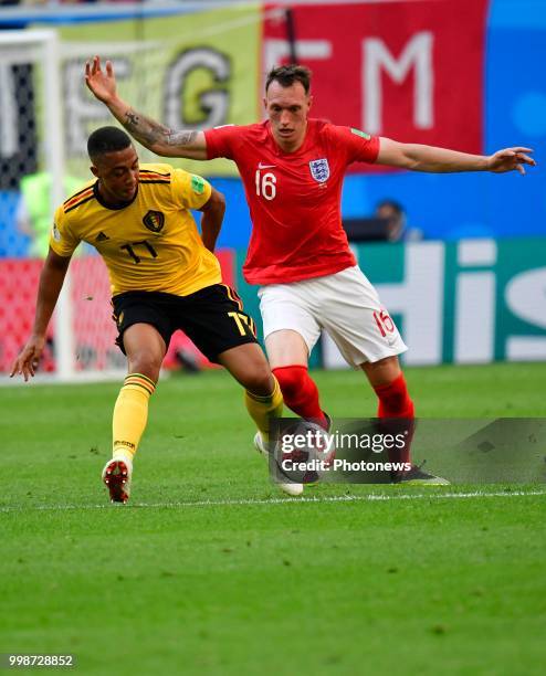 Youri Tielemans midfielder of Belgium & Phil Jones defender of England during the FIFA 2018 World Cup Russia Play-off for third place match between...