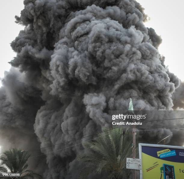 Smoke rises after Israeli fighter jets pounded Al Katiba region in Gaza City, Gaza on July 14, 2018.