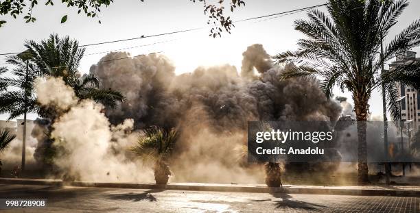 Smoke rises after Israeli fighter jets pounded Al Katiba region in Gaza City, Gaza on July 14, 2018.