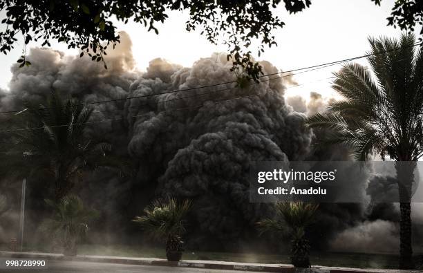 Smoke rises after Israeli fighter jets pounded Al Katiba region in Gaza City, Gaza on July 14, 2018.