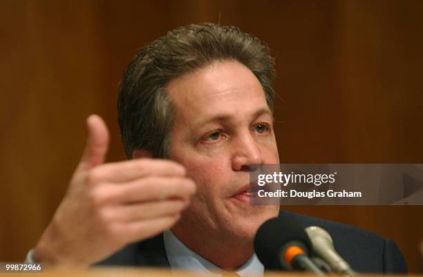 Norm Coleman, R-MI., during the full committee hearing in the Senate Governmental Affairs Committee on the Tom Ridge nomination to be secretary of...