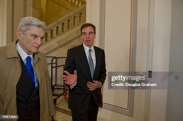 Freshmen Senator Mark Warner, D-VA., meets the man he replaces in the U.S. Senate John Warner, R-VA., for the first time since he won the election on...