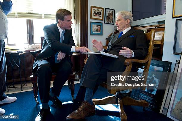 Freshmen Senator Mark Warner, D-VA., meets the man he replaces in the U.S. Senate John Warner, R-VA., for the first time since he won the election on...