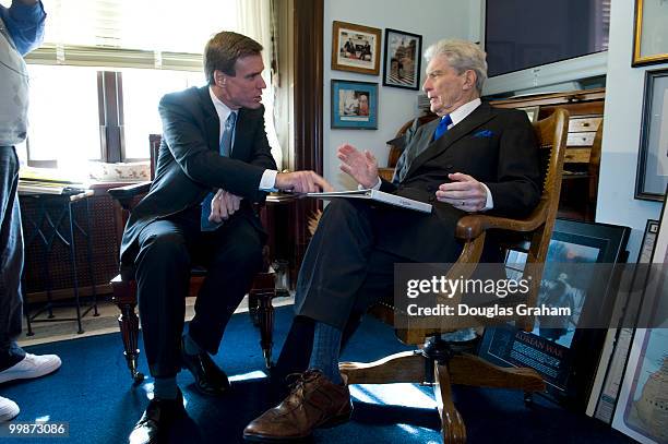 Freshmen Senator Mark Warner, D-VA., meets the man he replaces in the U.S. Senate John Warner, R-VA., for the first time since he won the election on...