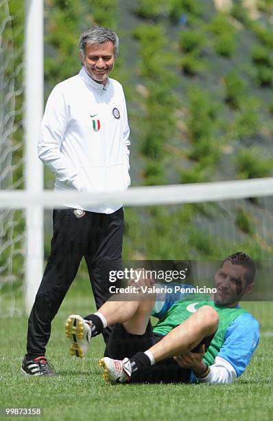 Internazionale Milano head coach Jose Mourinho and Marco Materazzi attend an FC Internazionale Milano training session during a media open day on May...