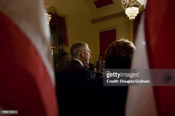 Senate Majority Leader Harry Reid ,D-NV, speaks at a news conference along with House Speaker Nancy Pelosi ,D-CA, with Democratic Senators and House...