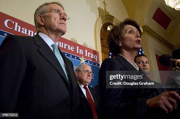 House Speaker Nancy Pelosi ,D-CA, speaks at a news conference along with Senate Majority Leader Harry Reid ,D-NV, with Democratic Senators and House...