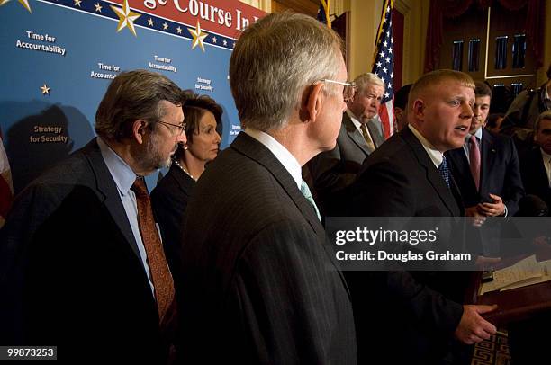 John Bruhns an Iraq War veteran speaks at a news conference along with Senate Majority Leader Harry Reid ,D-NV, House Speaker Nancy Pelosi ,D-CA, and...