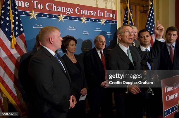John Bruhns an Iraq War veteran, House Speaker Nancy Pelosi ,D-CA, Carl Levin, D-Mi., Senate Majority Leader Harry Reid ,D-NV, during a news...