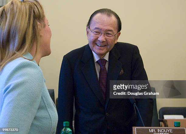 Chairman Daniel Inouye, D-HI., greets Miss America 2007 Lauren Nelson before the start of the Senate Commerce, Science and Transportation Committee...