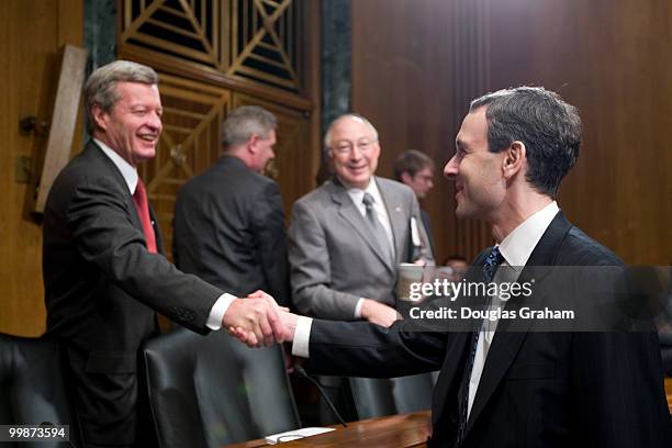 Chairman Max Baucus, D-MT., and Ken Salazar, R-CO., greets Internal Revenue Service Commissioner Douglas Shulman before the start of the full...