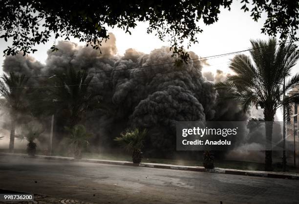 Smoke rises after Israeli fighter jets pounded Al Katiba region in Gaza City, Gaza on July 14, 2018.