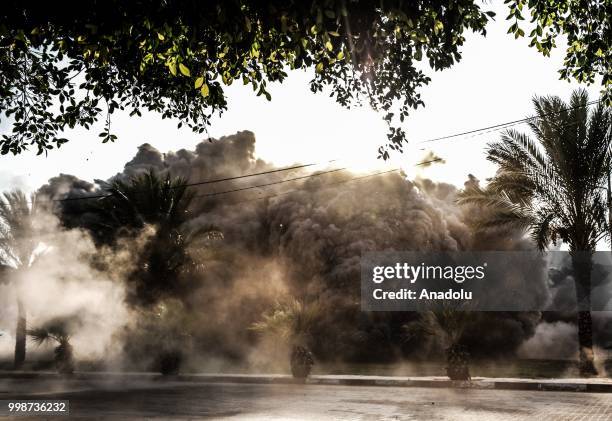 Smoke rises after Israeli fighter jets pounded Al Katiba region in Gaza City, Gaza on July 14, 2018.