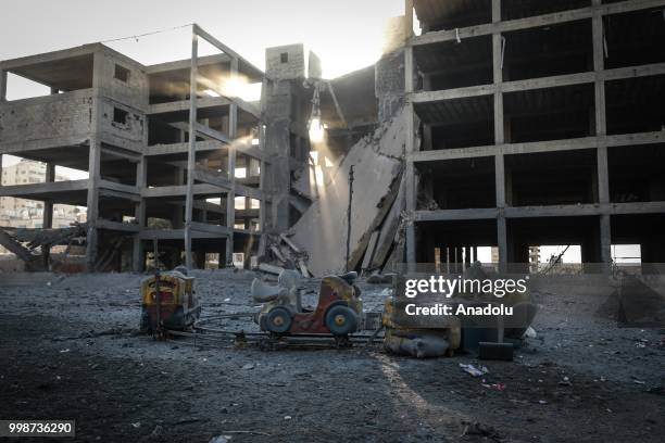 View of a destroyed building after Israeli fighter jets pounded Al Katiba region in Gaza City, Gaza on July 14, 2018.