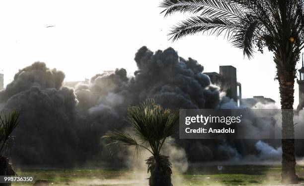 Smoke rises after Israel carried out airstrikes in Al Katiba region of Gaza City, Gaza on July 14, 2018.