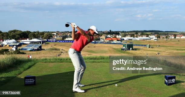 Alexander Bjork of Sweden takes his tee shot on hole eighteen during day three of the Aberdeen Standard Investments Scottish Open at Gullane Golf...