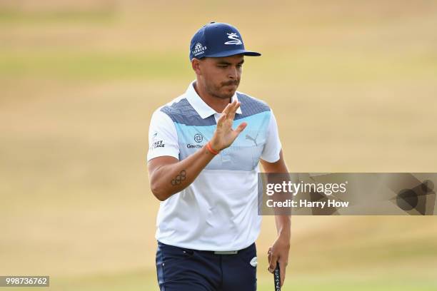 Rickie Fowler of USA reacts to a birdie putt on hole sixteen during day three of the Aberdeen Standard Investments Scottish Open at Gullane Golf...