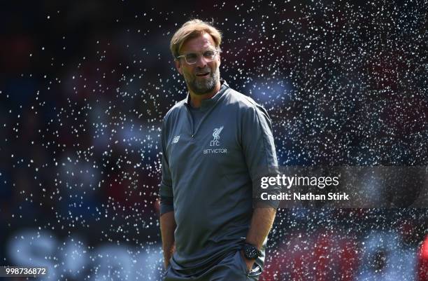 Jurgen Klopp manager of Liverpool looks on before the pre-season friendly match between Bury and Liverpool at Gigg Lane on July 14, 2018 in Bury,...