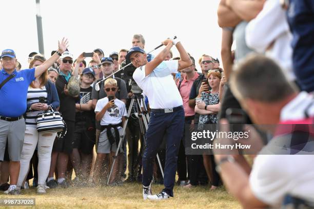 Rickie Fowler of USA plays out of the rough on hole sixteen during day three of the Aberdeen Standard Investments Scottish Open at Gullane Golf...