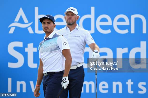 Rickie Fowler of USA and Lee Westwood of England look on, on hole sixteen during day three of the Aberdeen Standard Investments Scottish Open at...