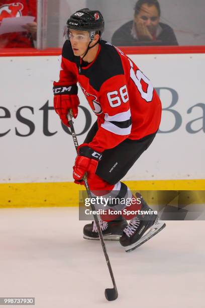 New Jersey Devils defenseman Colton White skates during the New Jersey Devils Development Camp scrimmage on July 14, 2018 at the Prudential Center in...