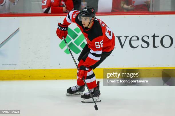 New Jersey Devils defenseman Colton White skates during the New Jersey Devils Development Camp scrimmage on July 14, 2018 at the Prudential Center in...