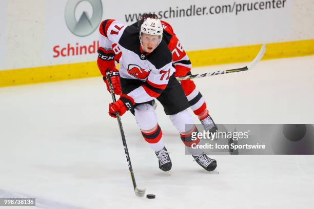 New Jersey Devils defenseman Colby Sissons skates during the New Jersey Devils Development Camp scrimmage on July 14, 2018 at the Prudential Center...