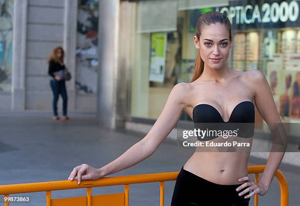 Model poses with the new bra 'Perfect Strapless', designed by Wonderbra at El corte ingles mall on May 18, 2010 in Madrid, Spain.