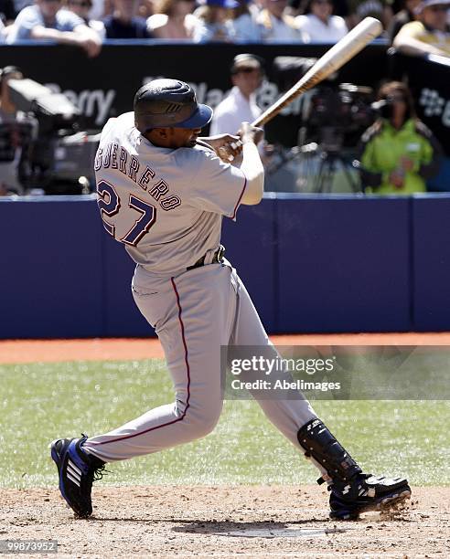 Vladimir Guerrero of the Texas Rangers hits against the Toronto Blue Jays during a MLB game at the Rogers Centre on May 16, 2010 in Toronto, Ontario,...