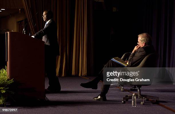 Mike McCurry, former Clinton White House Press Secretary and J.C. Watts, former Representative, R-Okla., during a "Point/Counterpoint" at the...