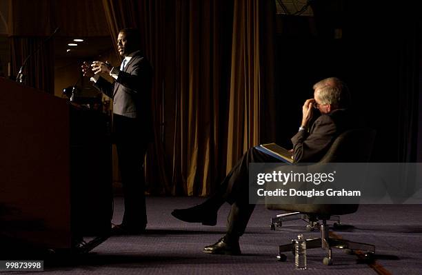 Mike McCurry, former Clinton White House Press Secretary and J.C. Watts, former Representative, R-Okla., during a "Point/Counterpoint" at the...