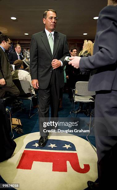 House Republican Leader John Boehner leaves the House Republican Leadership press conference in the RNC Lobby near the U.S. Capitol on February 4,...