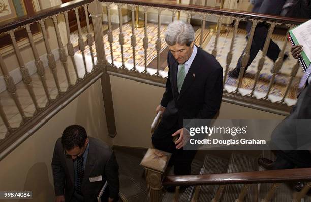 John Kerry, D-MASS., leaves the U.S. Capitol after a meeting with Robert C. Byrd, D-WV. He was on the way to meet with senator John B. Breaux, D-LA.,...