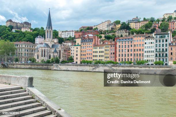cityscape along saone river, lyon, france - saone river stock pictures, royalty-free photos & images