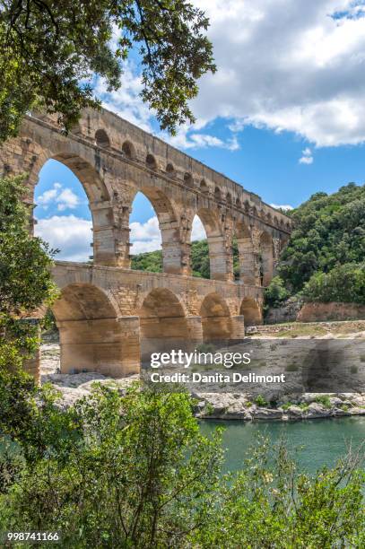 pont du gard on sunny day, france - pont architecture stock-fotos und bilder