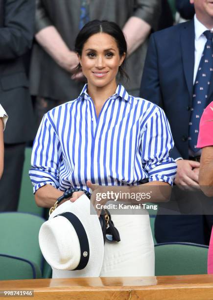 Meghan, Duchess of Sussex attends day twelve of the Wimbledon Tennis Championships at the All England Lawn Tennis and Croquet Club on July 14, 2018...