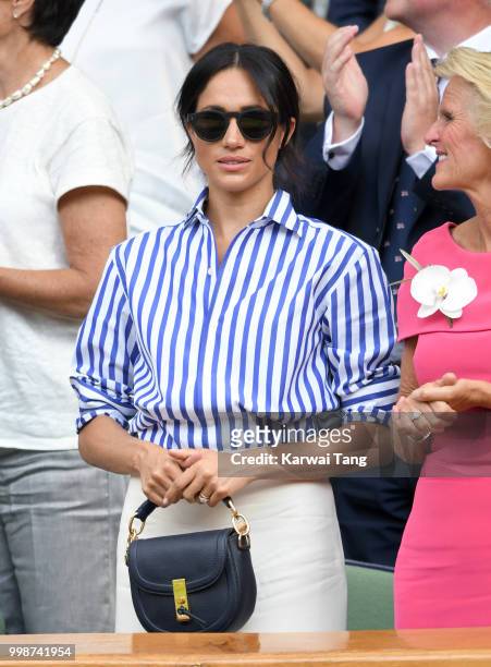 Meghan, Duchess of Sussex attends day twelve of the Wimbledon Tennis Championships at the All England Lawn Tennis and Croquet Club on July 14, 2018...
