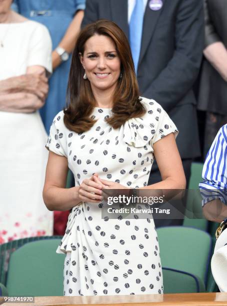 Catherine, Duchess of Cambridge attends day twelve of the Wimbledon Tennis Championships at the All England Lawn Tennis and Croquet Club on July 14,...