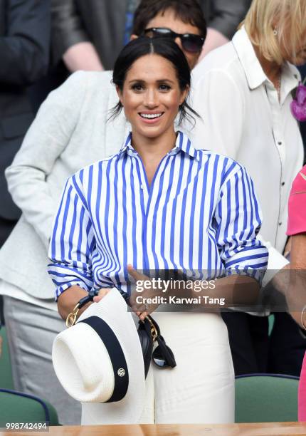 Meghan, Duchess of Sussex attends day twelve of the Wimbledon Tennis Championships at the All England Lawn Tennis and Croquet Club on July 14, 2018...